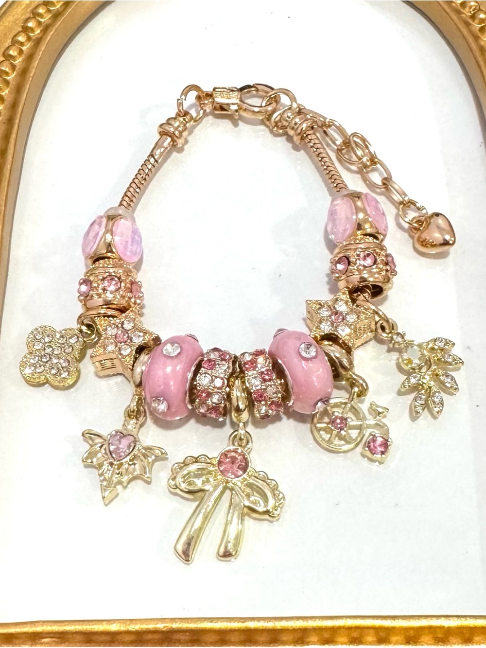 New Gold-Tone Pink Charm Bracelet with Enamel Beads and Crystal Accents 7 inches
